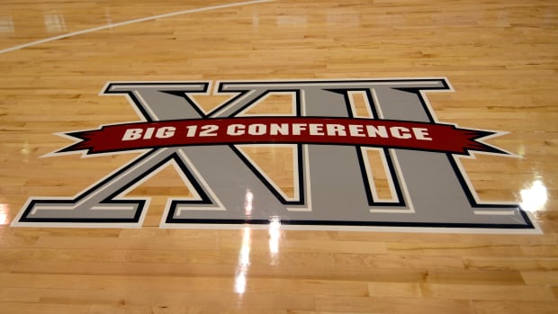 Feb 18, 2012; Lawrence, KS, USA; The Big XII logo on the court before the game between the Kansas Jayhawks and Texas Tech Red Raiders at Allen Fieldhouse. Mandatory Credit: John Rieger-USA TODAY Sports