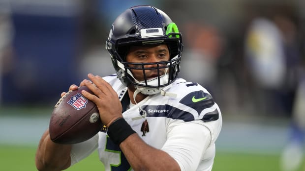 Seattle Seahawks quarterback Russell Wilson (3) throws the ball during warmups before the game against the Los Angeles Rams at SoFi Stadium.