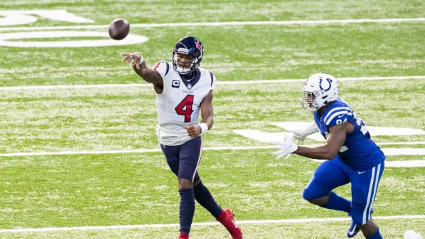 Dec 20, 2020; Indianapolis, Indiana, USA; Houston Texans quarterback Deshaun Watson (4) throws a pass during the second half against the Indianapolis Colts at Lucas Oil Stadium. Mandatory Credit: Trevor Ruszkowski-USA TODAY Sports