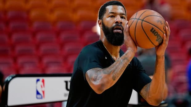 FILE - Miami Heat forward Markieff Morris warms up before an NBA basketball game against the Toronto Raptors, Jan. 17, 2022, in Miami. Morris, who has not played since early November, is expecting to return to the Heat lineup in the coming days.