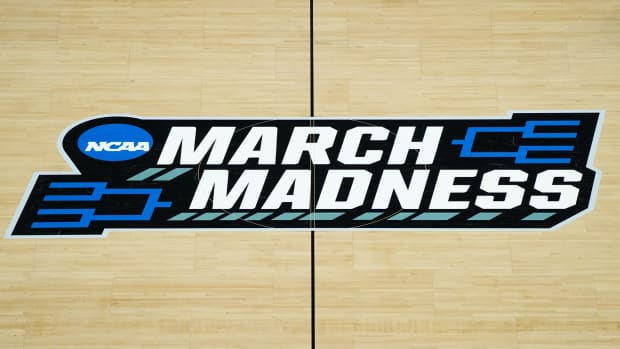 Overhead view of the March Madness logo.