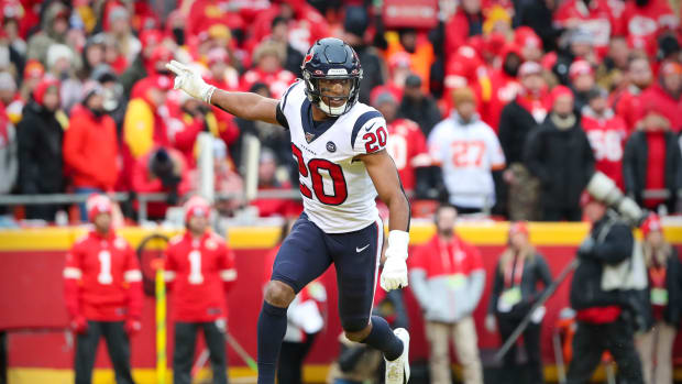 Jan 12, 2020; Kansas City, MO, USA; Houston Texans safety Justin Reid (20) celebrates against the Kansas City Chiefs during the first quarter in a AFC Divisional Round playoff football game at Arrowhead Stadium. Mandatory Credit: Jay Biggerstaff-USA TODAY Sports