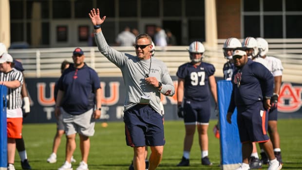 Coach Bryan Harsin gets his team ready to start the first practice of spring.First spring football practice on Monday, March 14, 2022 in Auburn, Ala.