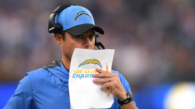 Oct 31, 2021; Inglewood, California, USA; Los Angeles Chargers head coach Brandon Staley looks on during the second half against the New England Patriots at SoFi Stadium. Mandatory Credit: Orlando Ramirez-USA TODAY Sports