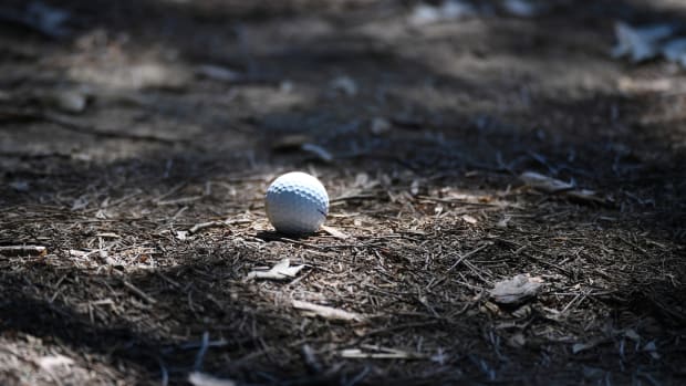Jul 25, 2019; Memphis, TN, USA; The ball of Patrick Reed (not pictured) sits in the rough on the ninth hole before his second shot onto the green during the first round of the FedEx St. Jude Classic golf tournament at TPC Southwind. Mandatory Credit: Christopher Hanewinckel-USA TODAY Sports