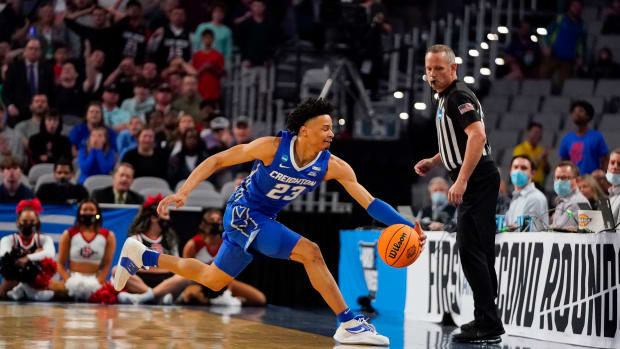 Mar 17, 2022; Fort Worth, TX, USA; Creighton Bluejays guard Trey Alexander (23) tries to keep the ball inbounds during overtime against the San Diego State Aztecs in the first round of the 2022 NCAA Tournament at Dickies Arena. Mandatory Credit: Chris Jones-USA TODAY Sports