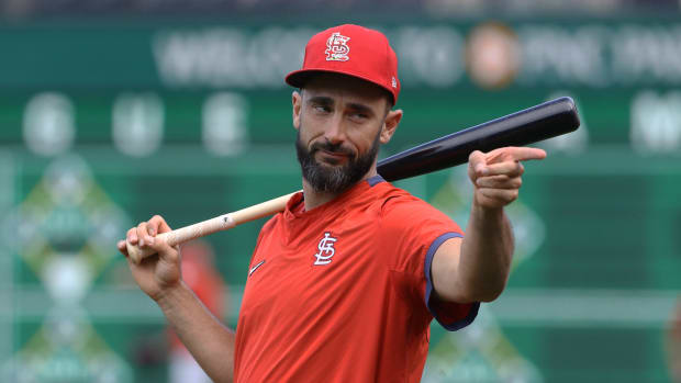 Aug 26, 2021; Pittsburgh, Pennsylvania, USA; St. Louis Cardinals infielder Matt Carpenter (13) gestures at the batting cage before the game against the Pittsburgh Pirates at PNC Park. Mandatory Credit: Charles LeClaire-USA TODAY Sports