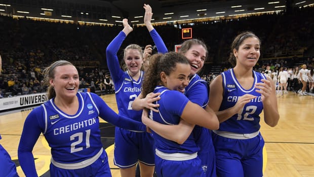 Creighton players celebrated their win over Colorado in a first-round game in the NCAA women's college basketball tournament, Friday, March 18, 2022, in Iowa City, Iowa.