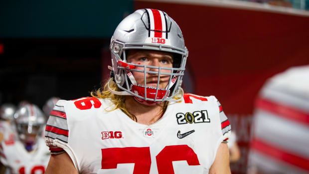 Ohio State Buckeyes offensive lineman Harry Miller against the Alabama Crimson Tide in the 2021 CFP national championship game.