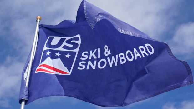 A US Ski & Snowboard flag files during the Freeski Big Air qualifying at the Aspen the 2021 FIS Aspen Snowboard & Freeski World Championships.