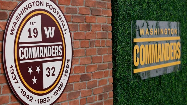 A view of the new logos during a press conference revealing the Washington Commanders as the new name for the formerly named Washington Football Team at FedEx Field.