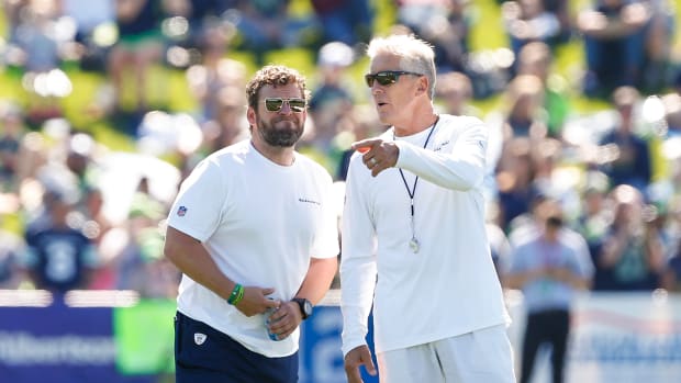NFL: Seattle Seahawks-Training Camp Jul 25, 2019; Renton, WA, USA; Seattle Seahawks head coach Pete Carroll, right, talks with general manager John Schneider during training camp practice at the Virginia Mason Athletic Center.