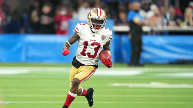 Aug 22, 2021; Inglewood, California, USA; San Francisco 49ers receiver Richie James (13) carries the ball against the Los Angeles Chargers in the second half at SoFi Stadium.