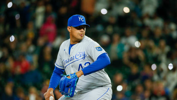 Aug 27, 2021; Seattle, Washington, USA; Kansas City Royals relief pitcher Carlos Hernandez (43) throws against the Seattle Mariners during the ninth inning at T-Mobile Park. Mandatory Credit: Joe Nicholson-USA TODAY Sports