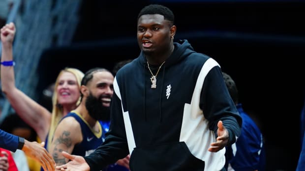 Mar 24, 2022; New Orleans, Louisiana, USA; New Orleans Pelicans forward Zion Williamson (1) reacts to a play against the Chicago Bulls at Smoothie King Center. The New Orleans Pelicans won 126 - 109. Mandatory Credit: Andrew Wevers-USA TODAY Sports