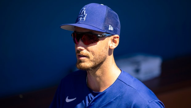 Mar 22, 2022; Phoenix, Arizona, USA; Los Angeles Dodgers outfielder Cody Bellinger against the Cincinnati Reds during a spring training game at Camelback Ranch-Glendale.