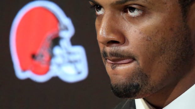 Cleveland Browns quarterback Deshaun Watson listens to questions during his introductory press conference at the Cleveland Browns Training Facility on Friday. Watsonpress 8