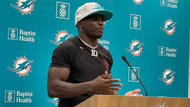 New Dolphins receiver Tyreek Hill speaks at his introductory news conference.