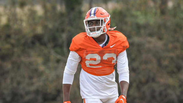 Clemson cornerback Andrew Booth Jr. (23) during practice at the Poe Indoor Facility in Clemson in Clemson, S.C. Friday, December 17, 2021.
