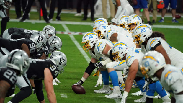 Dec 17, 2020; Paradise, Nevada, USA; Los Angeles Chargers center Dan Feeney (66) lines up the offense against the Los Angeles Chargers defense during the first half at Allegiant Stadium. Mandatory Credit: Kirby Lee-USA TODAY Sports