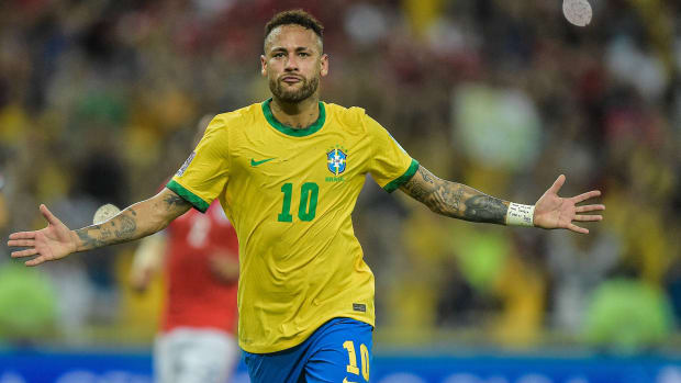 World cup Qatar qulifying match. Brazil player Neymar Junior, center, celebrates his goal against Chile during the 2022 Qatar World Cup qualifier football match at Maracana stadium Rio de Janeiro, Brasil.