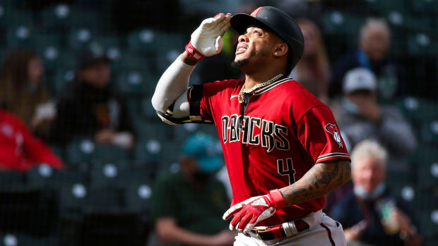 Arizona Diamondbacks center fielder Ketel Marte (4) runs the bases after hitting a solo-home run against the Seattle Mariners during the seventh inning at T-Mobile Park.