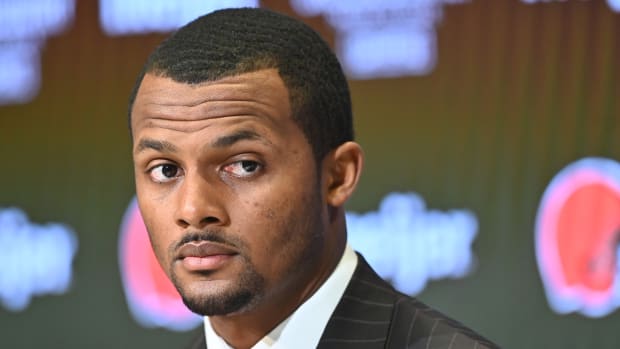 Mar 25, 2022; Berea, OH, USA; Cleveland Browns quarterback Deshaun Watson listens to a question during a press conference at the CrossCountry Mortgage Campus.