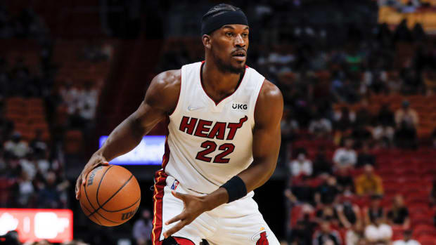 Miami Heat forward Jimmy Butler (22) controls the basketball during the first quarter against the Sacramento Kings.