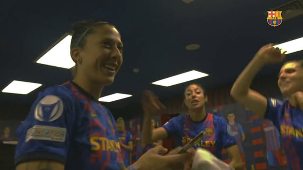 Barca Women players enjoying themselves in the dressing room