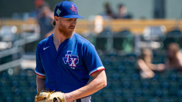 Mar 24, 2022; Mesa, Arizona, USA; Texas Rangers pitcher Jon Gray (22) on the mound in the first inning during a spring training game against the Oakland Athletics at Hohokam Stadium. Mandatory Credit: Allan Henry-USA TODAY Sports