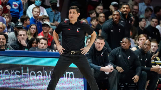 Mar 3, 2022; Dallas, Texas, USA; Cincinnati Bearcats head coach Wes Miller reacts to a call against the Southern Methodist Mustangs during the second half at Moody Coliseum. Mandatory Credit: Chris Jones-USA TODAY Sports