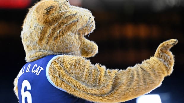 Apr 1, 2022; New Orleans, LA, USA; Villanova Wildcats mascot Will D. Cat gestures during a practice session before the 2022 NCAA men's basketball tournament Final Four semifinals at Caesars Superdome. Mandatory Credit: Bob Donnan-USA TODAY Sports