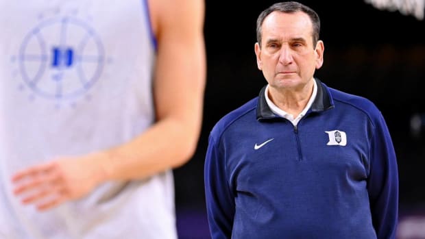 Apr 1, 2022; New Orleans, LA, USA; Duke Blue Devils head coach Mike Krzyzewski watches his team during a practice session before the 2022 NCAA men’s basketball tournament Final Four semifinals at Caesars Superdome.
