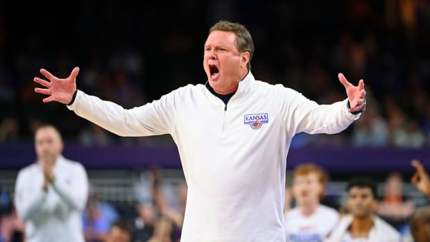 Apr 2, 2022; New Orleans, LA, USA; Kansas Jayhawks head coach Bill Self reacts after a play against the Villanova Wildcats during the second half during the 2022 NCAA men's basketball tournament Final Four semifinals at Caesars Superdome. Mandatory Credit: Bob Donnan-USA TODAY Sports