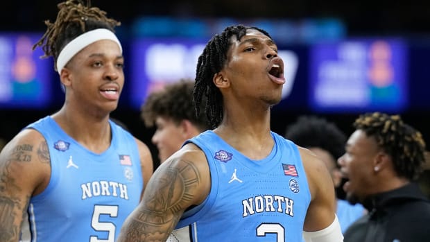 North Carolina’s Caleb Love (2) celebrates after North Carolina’s win against Duke in a college basketball game during the semifinal round of the Men’s Final Four NCAA tournament, Saturday, April 2, 2022, in New Orleans.