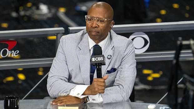CBS announcer Kenny Smith prior to the national championship game in the Final Four of the 2021 NCAA Tournament between the Gonzaga Bulldogs and the Baylor Bears at Lucas Oil Stadium.