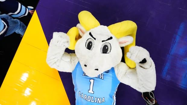 Apr 2, 2022; New Orleans, LA, USA; North Carolina Tar Heels mascots Rameses performs after a Tar Heels victory over the Duke Blue Devils during the 2022 NCAA men's basketball tournament Final Four semifinals at Caesars Superdome. Mandatory Credit: Andrew Wevers-USA TODAY Sports