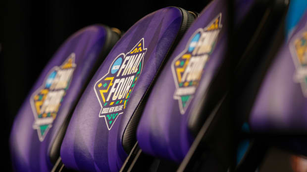 Apr 3, 2022; New Orleans, Louisiana, USA; A detailed view of NCAA Final Four chairs during a press conference during the 2022 NCAA men's basketball tournament Final Four semifinals at Caesars Superdome. Mandatory Credit: Stephen Lew-USA TODAY Sports