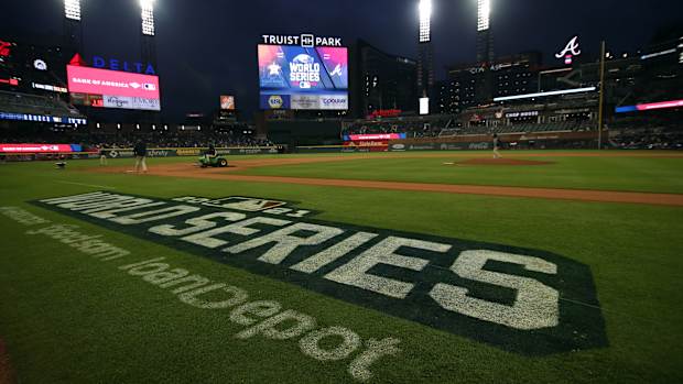 The 2021 World Series logo on the field at Truist Park.