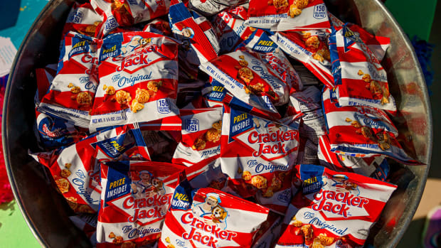 A bucket of Cracker Jack treats for participants during the grand opening of the Miracle Stadium adaptive baseball field at The Children’s Center Rehabilitation Hospital in Bethany, Okla.