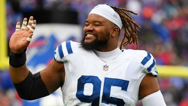 Nov 21, 2021; Orchard Park, New York, USA; Indianapolis Colts defensive tackle Taylor Stallworth (95) waves to the fans prior to the game against the Buffalo Bills at Highmark Stadium. Mandatory Credit: Rich Barnes-USA TODAY Sports
