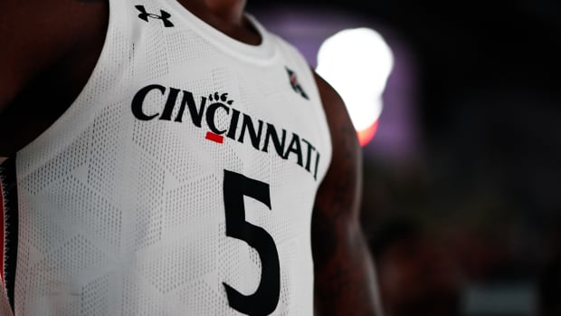 Nov 11, 2019; Cincinnati, OH, USA; A view of the the Cincinnati logo on an official Under Armor jersey prior to the game of the Drake Bulldogs against the Cincinnati Bearcats at Fifth Third Arena. Mandatory Credit: Aaron Doster-USA TODAY Sports