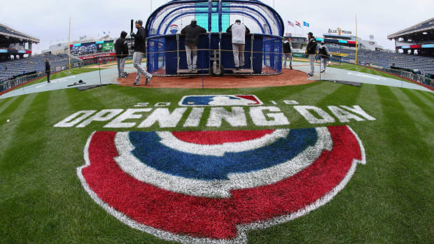 An MLB Opening Day logo on a baseball field.