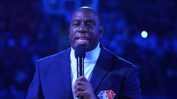 Magic Johnson speaks before the 2022 NBA All-Star Game at Rocket Mortgage FieldHouse.
