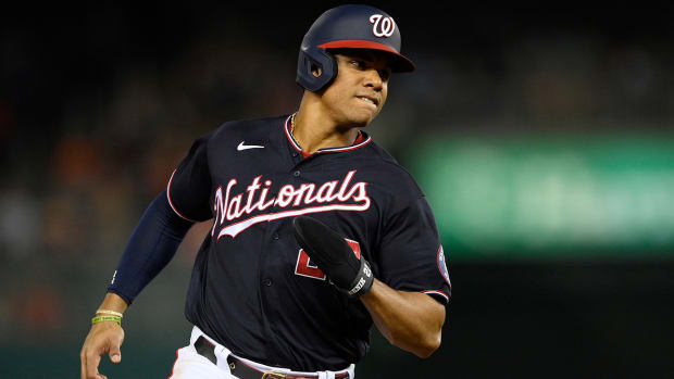 Washington Nationals' Juan Soto runs to third during the fourth inning of a baseball game against the Boston Red Sox, Oct. 1, 2021, in Washington.