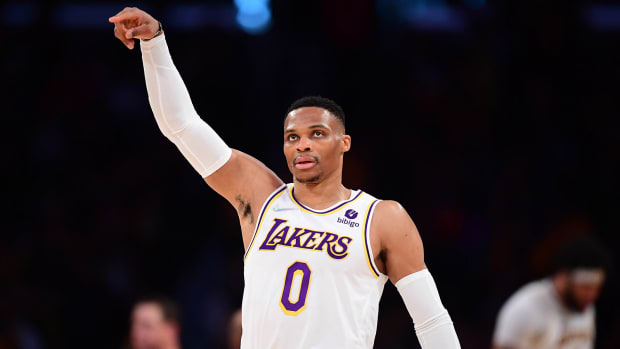 Los Angeles Lakers guard Russell Westbrook (0) reacts against the Denver Nuggets.