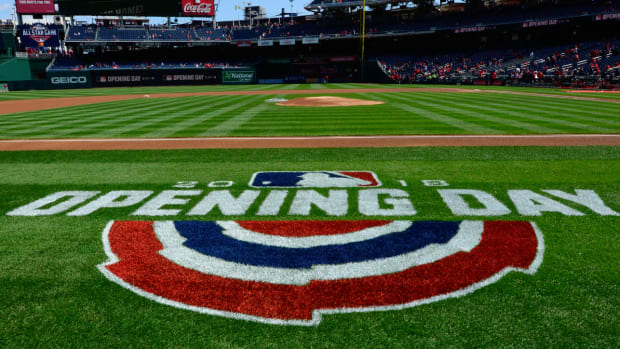 A general view of the 2018 Opening Day logo on the field prior to the Washington Nationals