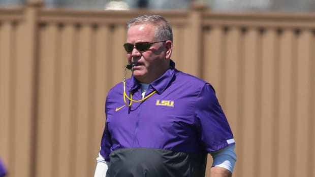 March 26, 2022: New LSU Head Football Coach Brian Kelly watches his team compete during the first week of spring football practice at the LSU Charles McClendon Practice Facility in Baton Rouge, LA.
