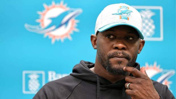 Miami Dolphins head coach Brian Flores talks to the media before practice at Baptist Health Training Complex in Hard Rock Stadium on Wednesday, October 20, 2021 in Miami Gardens, Florida, in preparation for their game against the Atlanta Falcons at Hard Rock Stadium on Sunday, October 24.