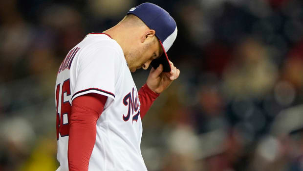 Washington Nationals starting pitcher Patrick Corbin exits the game during the fifth inning of an opening day baseball game against the New York Mets at Nationals Park, Thursday, April 7, 2022, in Washington.